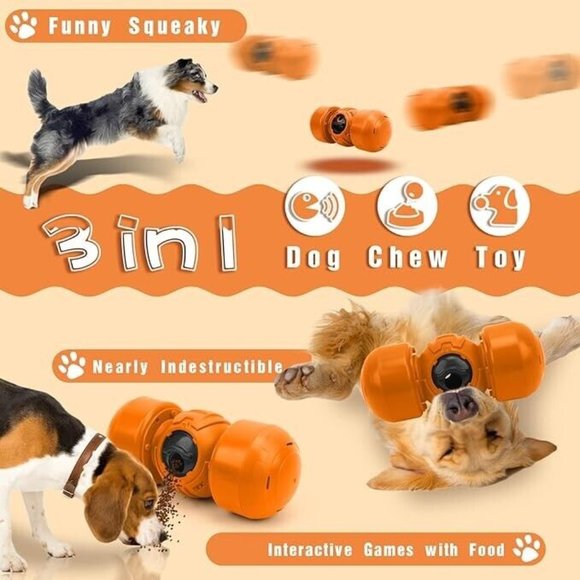 Interactive Dog Toy, Orange Rolling Treat Dispenser Slow Feeder Puzzle w Squeaky - Picture 14 of 16